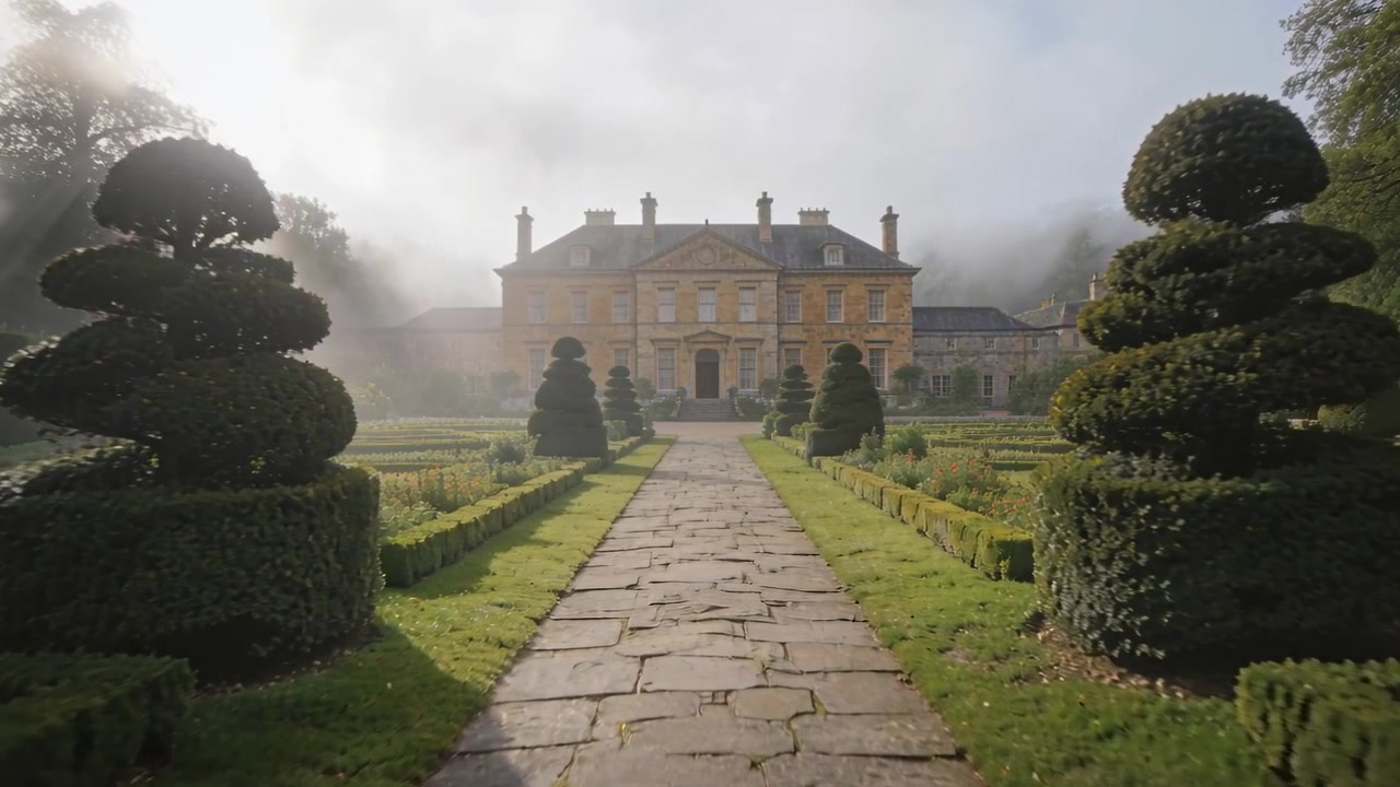 Telecamera in movimento che avanza lungo un sentiero di pietra verso una grande villa in un giardino, rivelando arte topiaria e nebbia.