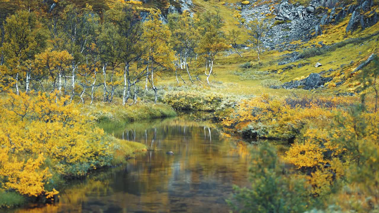 A shallow river in the colorful autumn landscape of Norwegian tundra