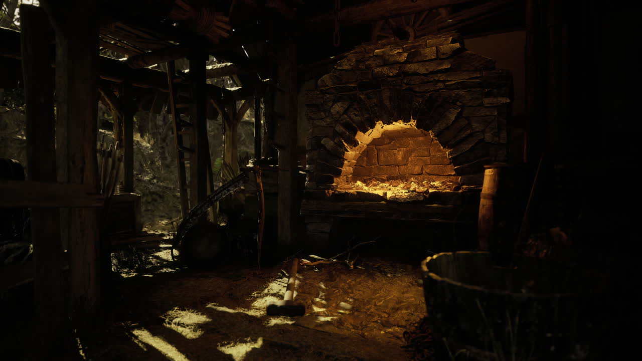 Cozy rustic fireplace glowing warmly in a dimly lit cabin interior