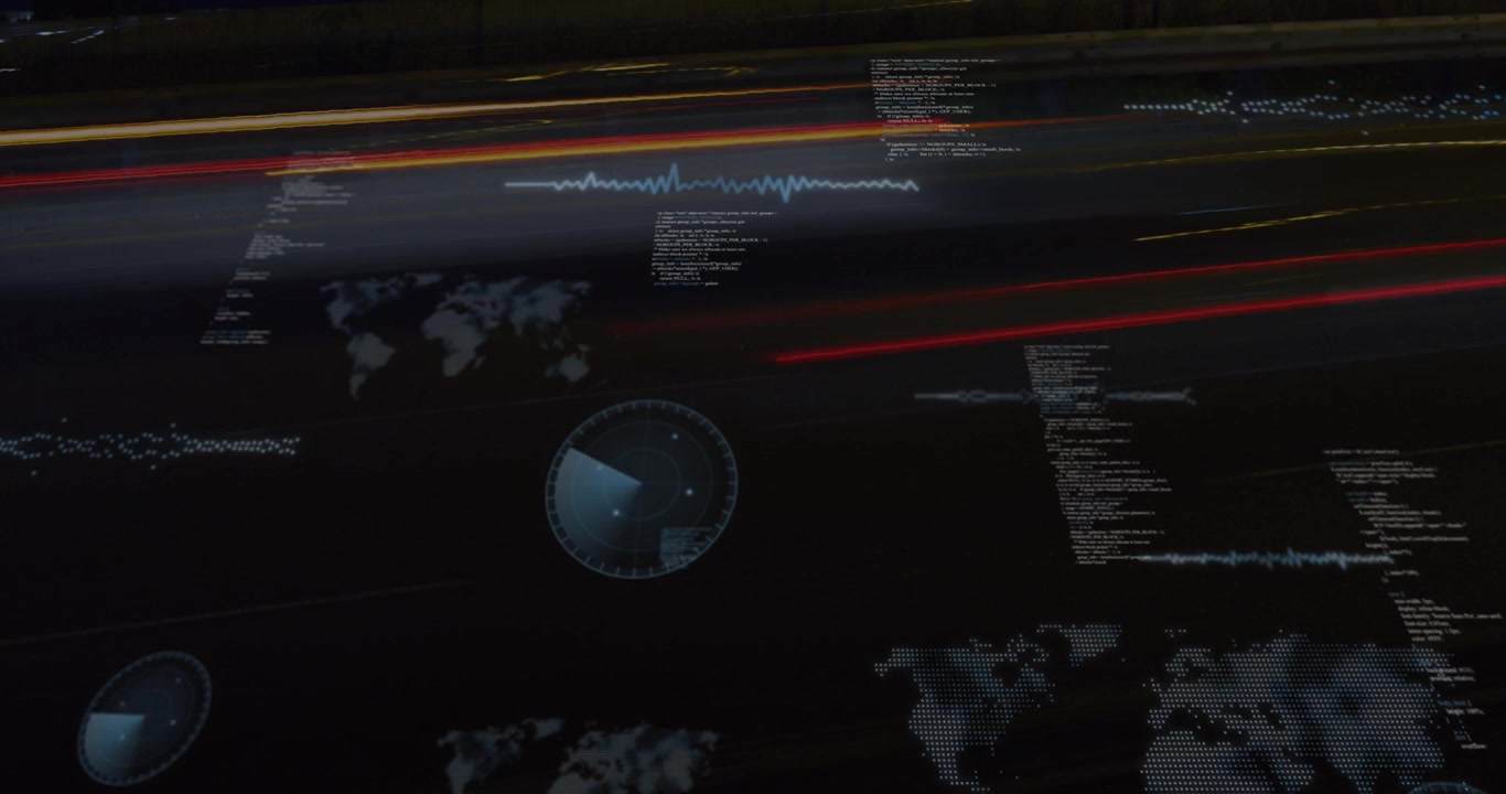 Animation of glitch technique over maps, radars and computer language against black background