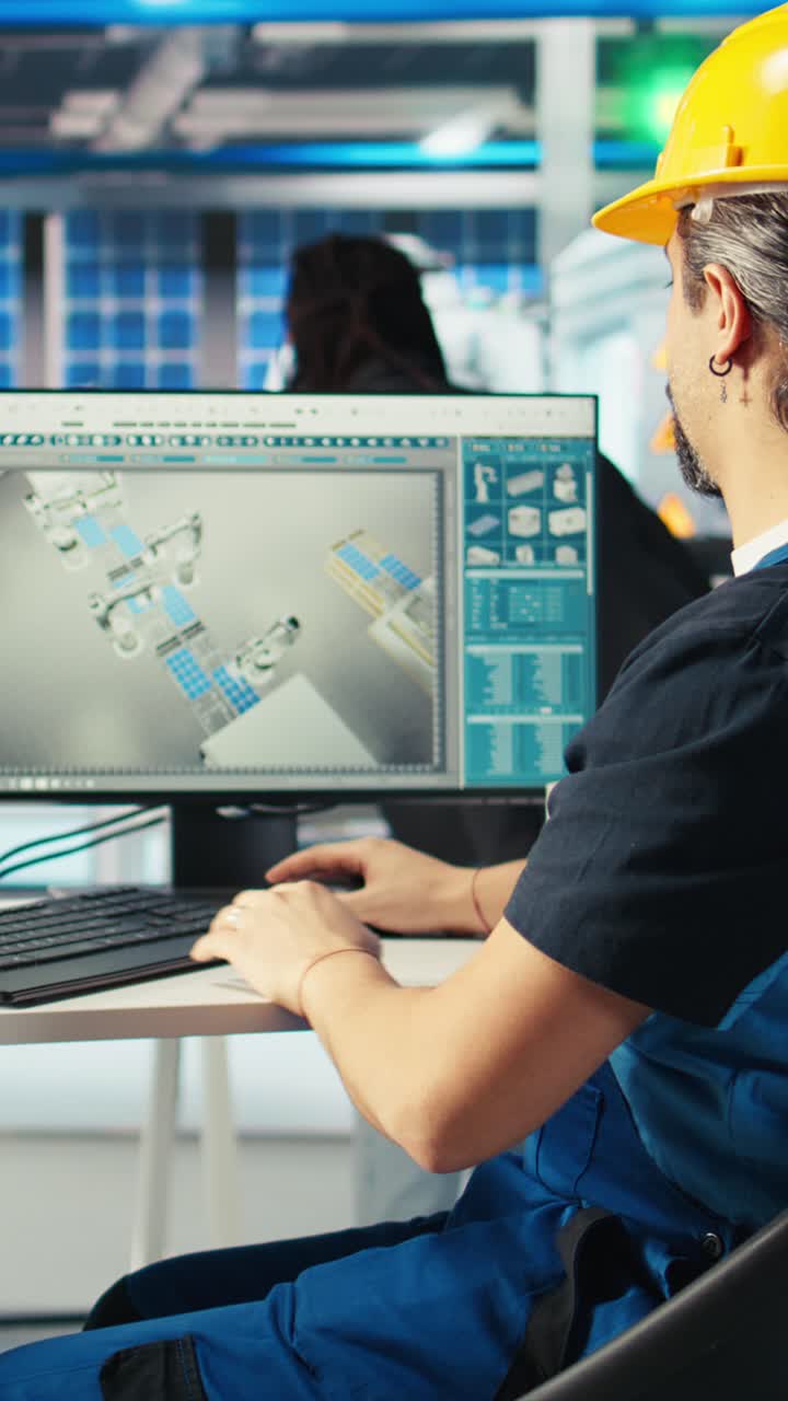 Vertical Video Engineer In Photovoltaics Factory Wearing Yellow Hardhat Using Pc