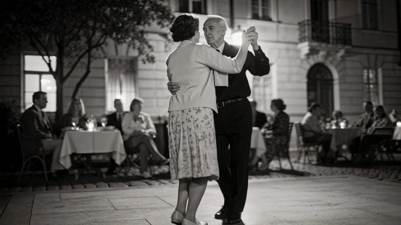 Coppia anziana che balla ascoltando musica e ruotando in piazza di notte, intrattenendo commensali a lume di candela