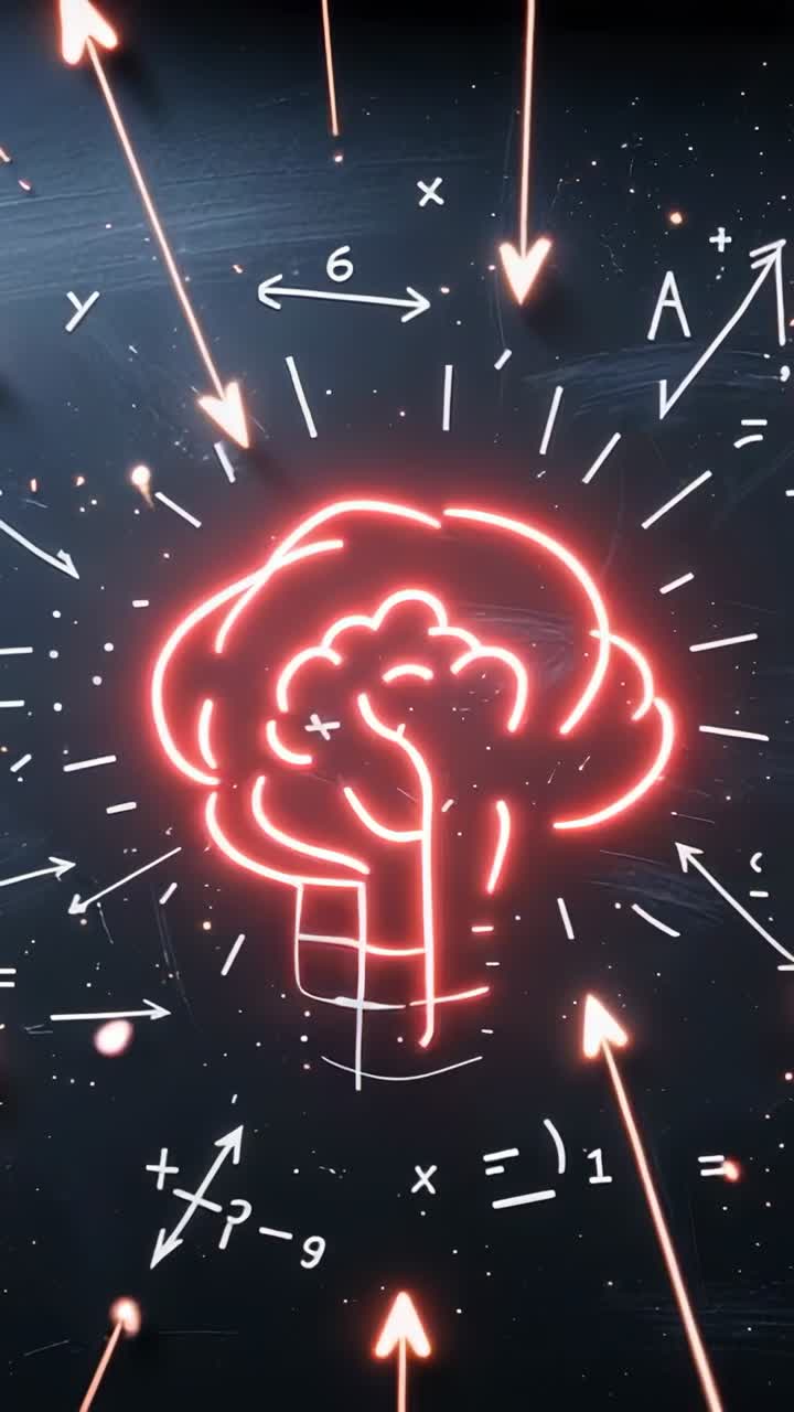 Vertical video: Symbols pulsing, neon brain icon glowing red in dark void with converging arrows