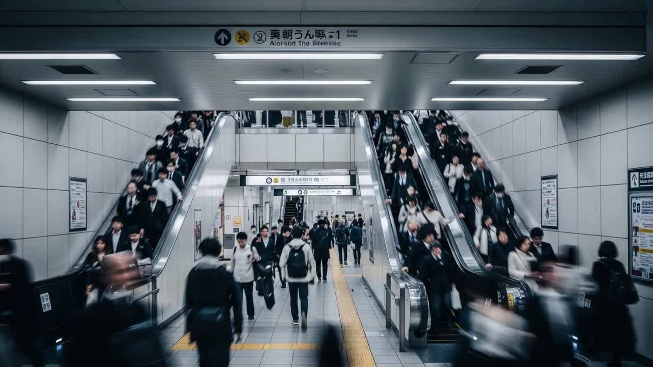 混雑した地下鉄の駅でエスカレーターに乗って通勤する人々。