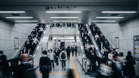 people commuting on escalators in a busy subway station
