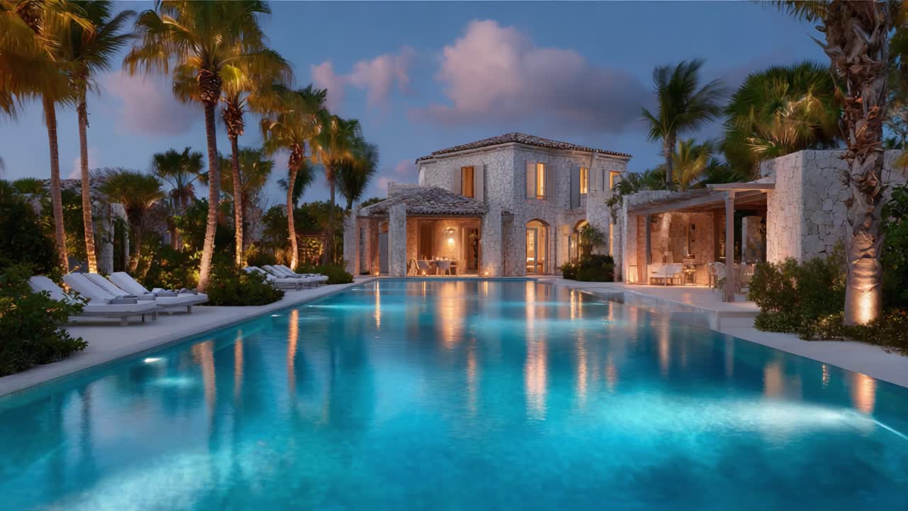 Stunning Luxury Villa with Glowing Pool and Tropical Surroundings Captured Under Evening Sky with Illuminated Palms and Relaxing Atmosphere