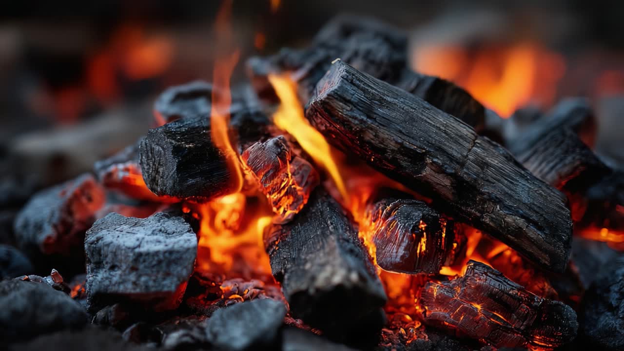 Fuoco di carbone che arde intensamente con fiamme tremolanti che illuminano ceneri scure e legno, creando un'atmosfera calda di calore ed energia in un ambiente rustico.