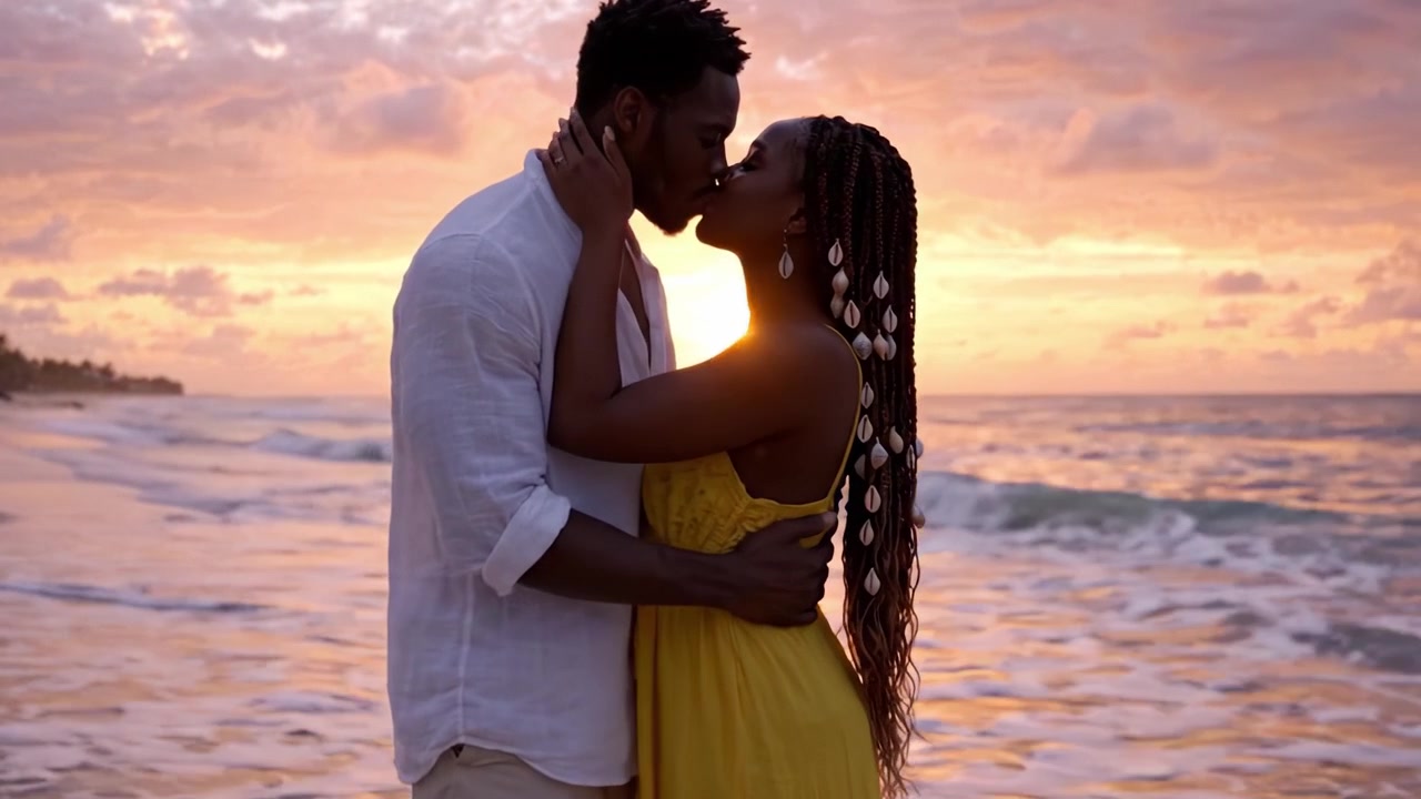 Une soirée romantique au bord de la mer : Un couple s'embrassant au coucher du soleil sur la plage, capturant l'amour et la connexion au milieu de la magnifique palette de la nature.