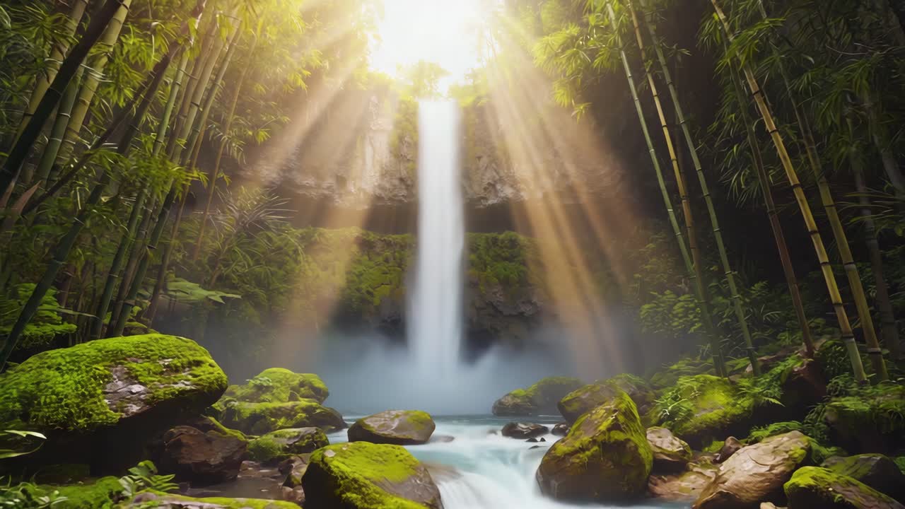 Sunbeams filtering through bamboo canopy illuminate hidden waterfall, creating magical atmosphere in pristine jungle landscape, showcasing beauty and tranquility of untouched nature