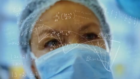 Animation-of-mathematical-equations-over-caucasian-female-senior-scientist-working-at-laboratory