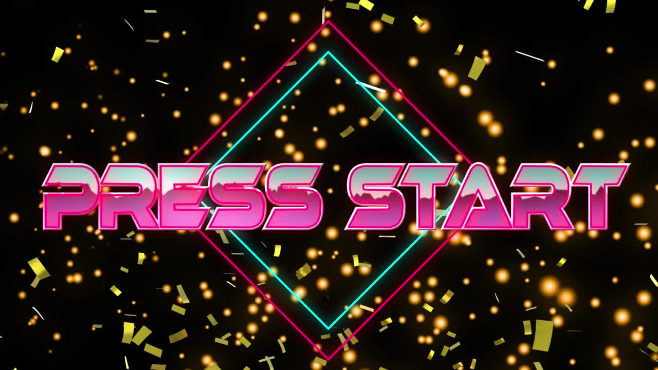 검은색 배경에 네온 선과 콘페티 위에 프레스 시작 텍스트의 애니메이션