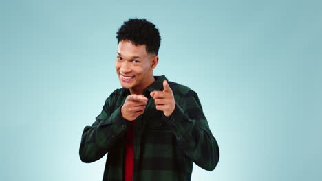 hand pointing, face and man in studio with you