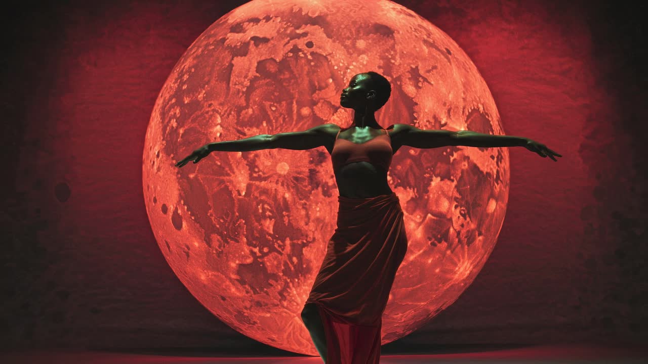 A dancer poses gracefully in front of a large, red moon backdrop