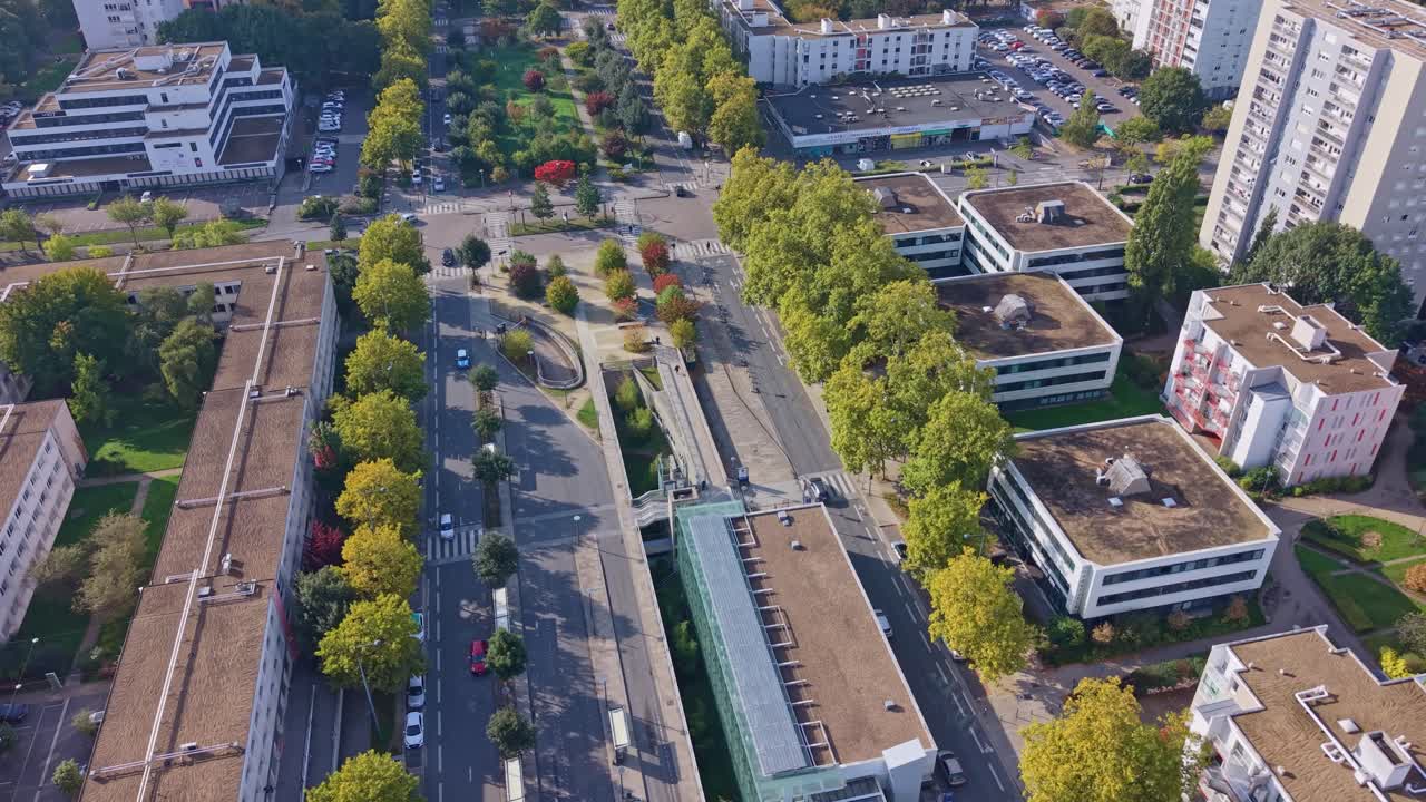 Henri Fréville neighborhood, residential apartment buildings, metro station, and Rennes cityscape, Brittany, France. Aerial drone view