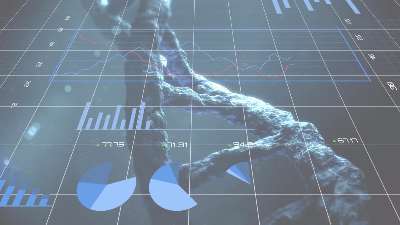 추상적인 배경 위에 변하는 숫자와 회전하는 dna 나선이 있는 여러 그래프의 애니메이션