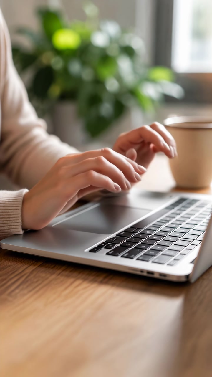 Vista ravvicinata di mani che digitano su un laptop su una scrivania di legno con una tazza di caffè e una pianta d'appartamento sfocata in uno spazio di lavoro domestico caldo e illuminato delicatamente