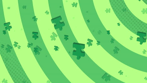 animación de piezas de rompecabezas verdes sobre rayas giratorias verdes de fondo
