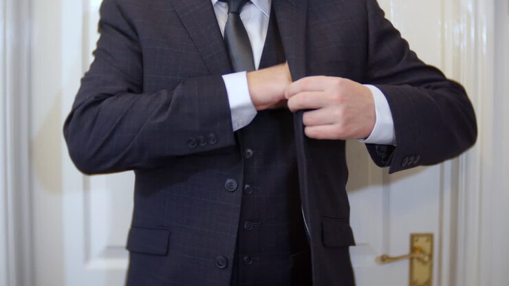 An unrecognizable groom or best man reads his speech notes on a piece of paper then folds it up and places it in his business or wedding suit jacket pocket