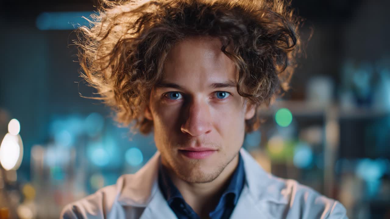 Uno Scienziato Concentrato in un Ambiente di Laboratorio con un'Espressione Luminosa, che Evidenzia la Curiosità e l'Innovazione nella Ricerca e nella Sperimentazione, Atmosfera di Studio Avvincente