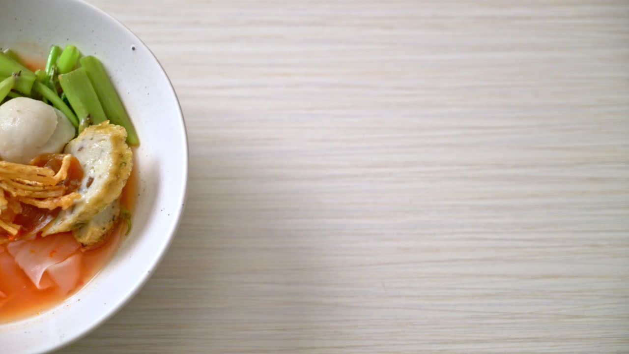 (Yen-Ta-Four) - Thai Style Noodle with assorted tofu and fish ball in Red Soup - Asian food style