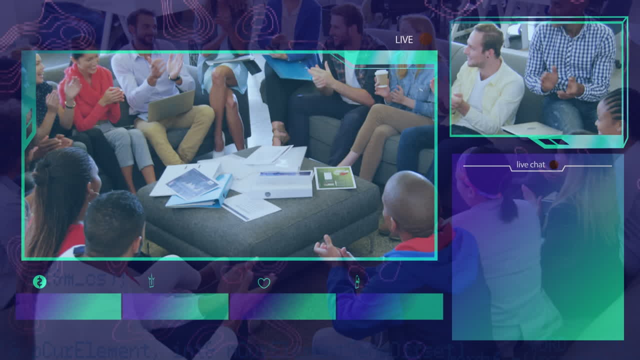 interfaz digital y procesamiento de datos contra diversos colegas de oficina aplaudiendo juntos en la oficina