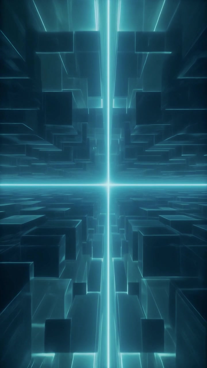 Abstract Digital Tunnel with Glowing Cyan Geometric Cubes