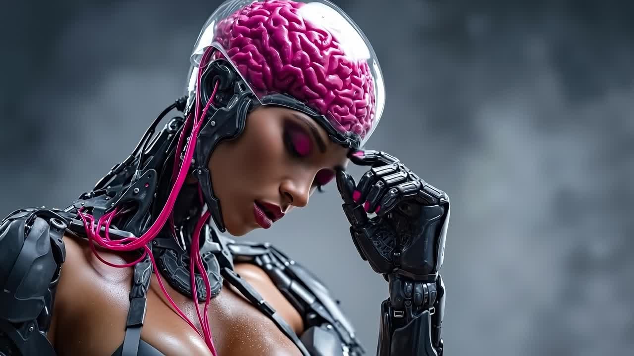 A woman with a pink brain on her head