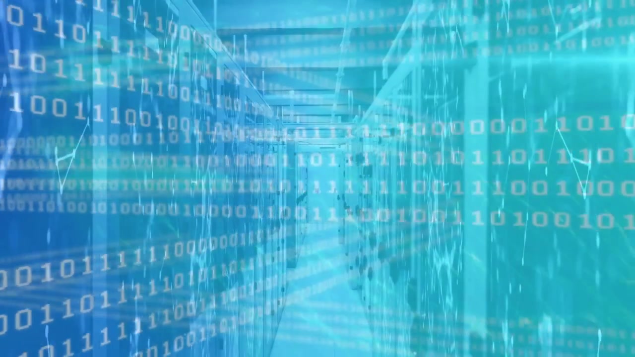 Upon launch code overlay drifting over server racks in datacenter corridor visualizing network flow