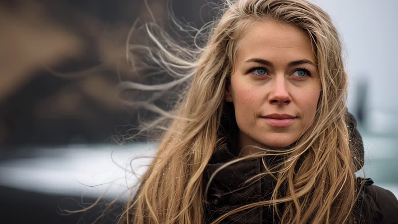 Nærbillede af en ung blond kvinde i en mørk jakke, der står udenfor på en kold blæsende dag, hendes hår blæser i vinden, mens hun tankefuldt kigger væk nær en sløret kystlinje.