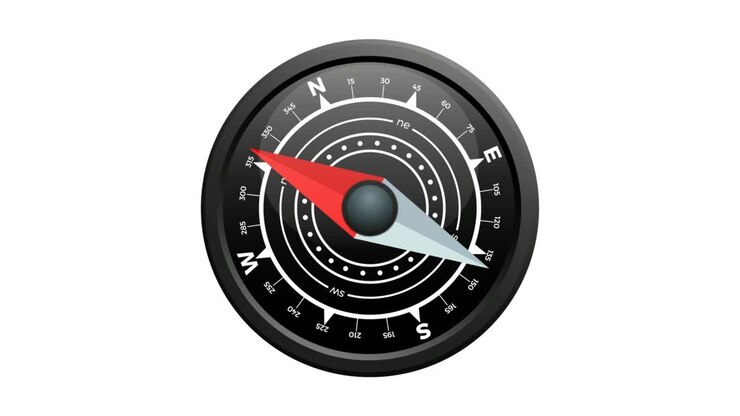 Realistic black nautical compass. Dial and magnetic needle that moves independently. Animated illustration isolated. Seamless loop