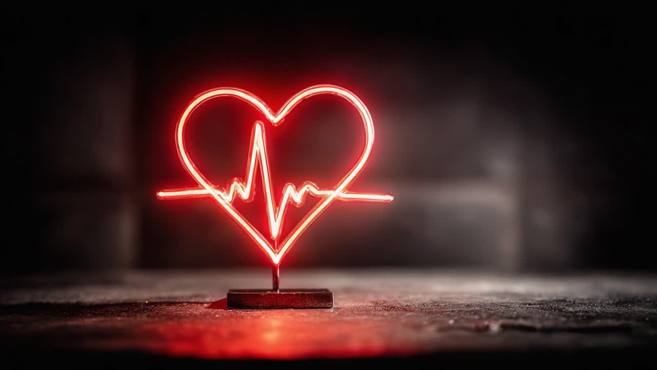 A Glowing Heartbeat: A Captivating Neon Heart Design with EKG Pulse Line Symbolizing Life and Vitality in a Darkened Space