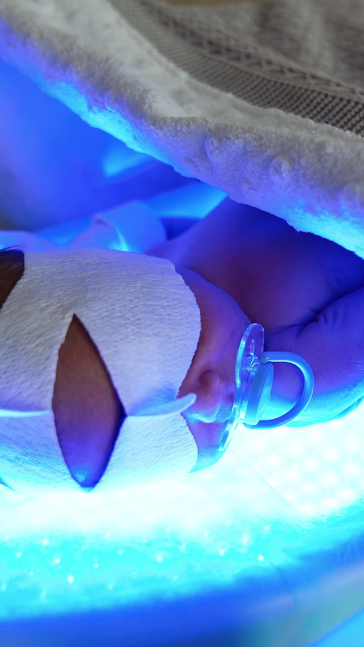 Tiny newborn baby it cured from the childhood jaundice. Infant in eye bandage and with pacifier lies on the blue light lamp under blanket. Vertical video