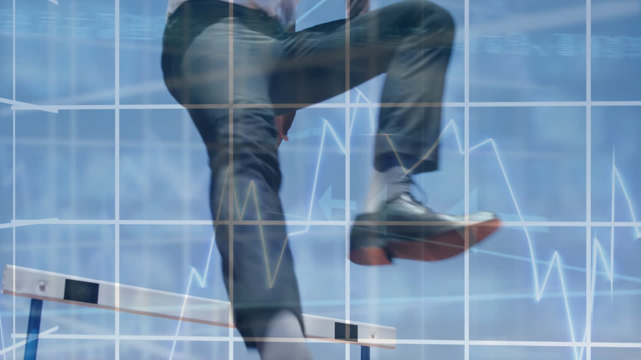 la animación digital muestra a un hombre superando los obstáculos de la covid-19 con estadísticas y flechas.