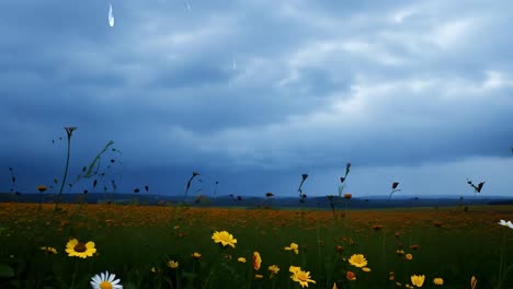 a field of wildflowers under a stormy sky