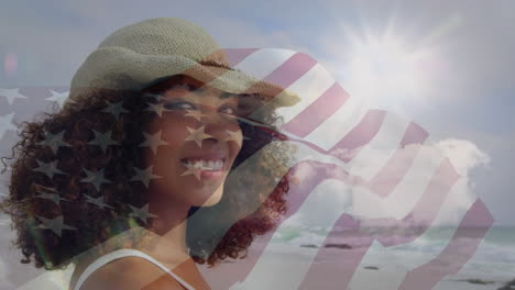 animation of happy labor day text over happy caucasian woman against blue sky