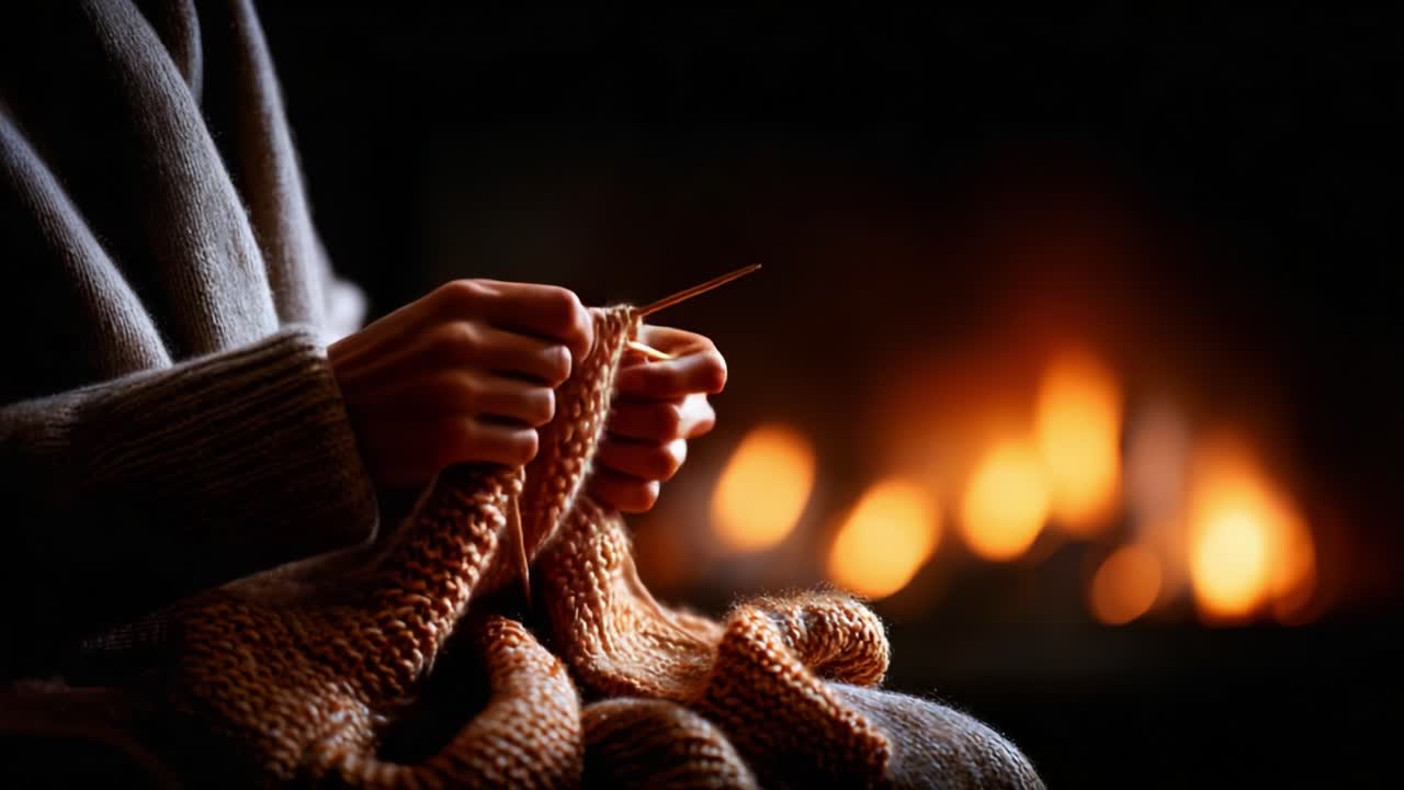 A Cozy Evening by the Fire: A Person Knitting a Warm, Handcrafted Garment While Seated in a Comfortable Sweater, Surrounded by the Soft Glow of Flickering Flames