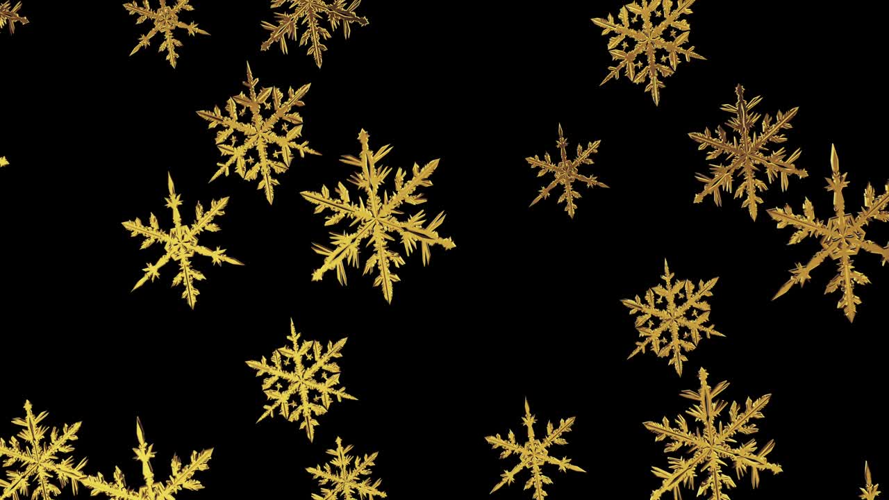 copos de nieve dorados sobre un fondo negro, renderizado en 3d. bucle sin costuras