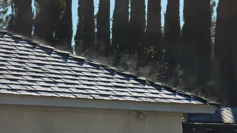 Closeup-to-roof-tile-with-slow-motion-dust-flying-above-pine-trees-skyline-background