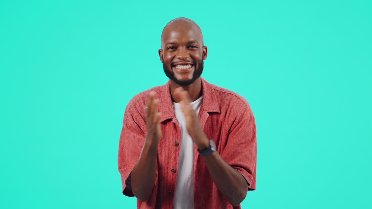 Clapping, thumbs up and face of man for success