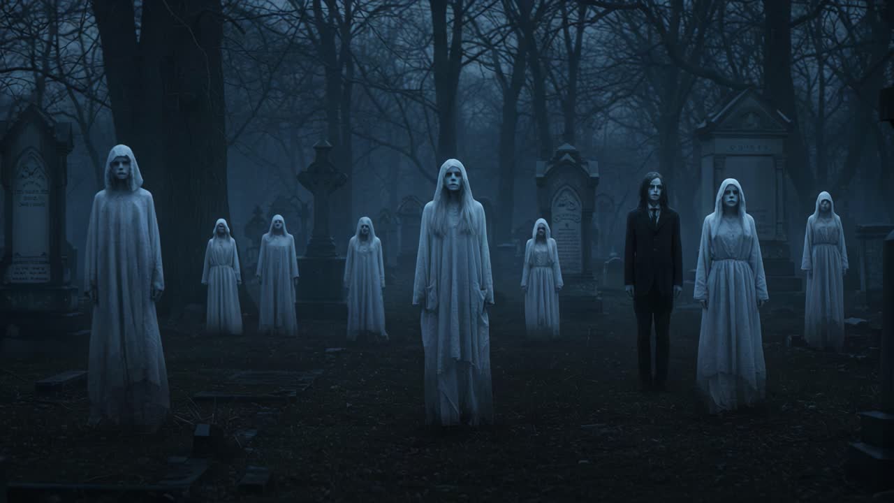 A Haunting Scene of Apparitions in a Dimly Lit Graveyard, Featuring Mysterious Figures in White Garments Surrounded by Tombstones and Trees Under a Dark Sky