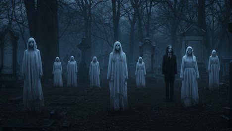 a haunting scene of apparitions in a dimly lit graveyard, featuring mysterious figures in white garments surrounded by tombstones and trees under a dark sky