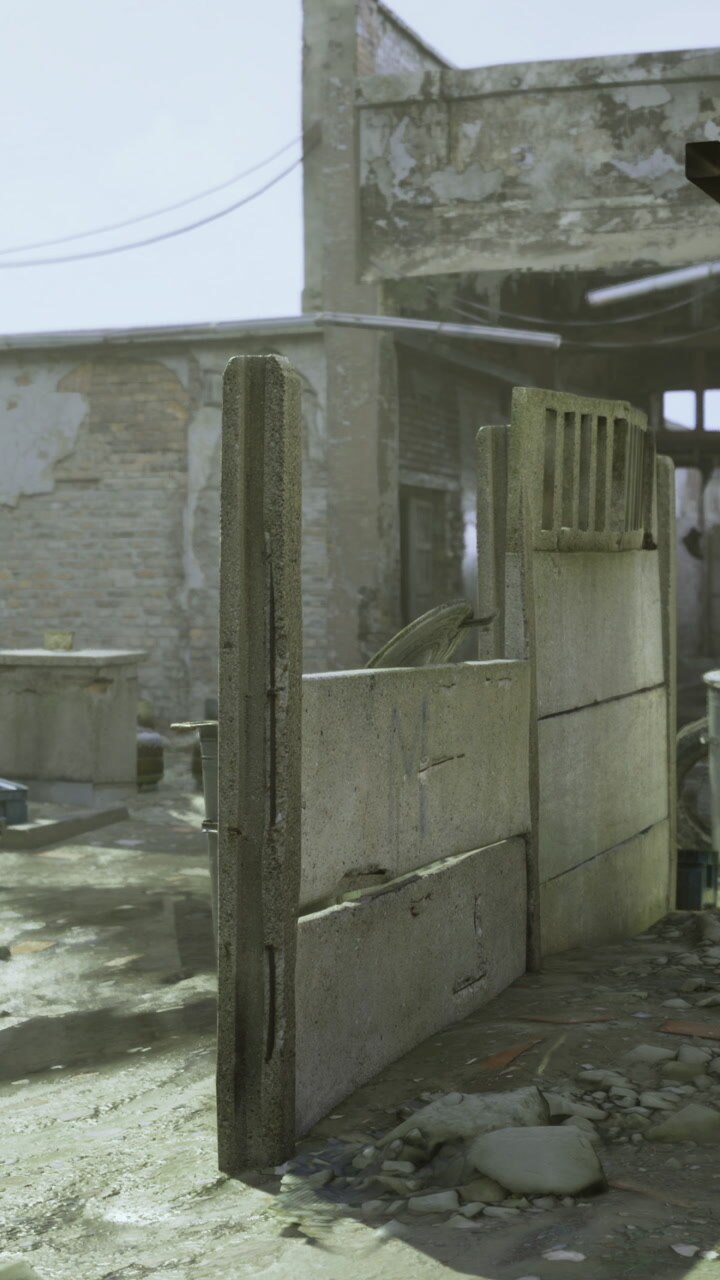 Abandoned industrial area with debris and weathered buildings after decay