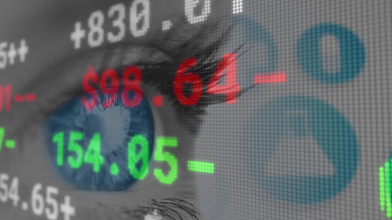 Animation of financial data processing with medical icons over woman's eye in background