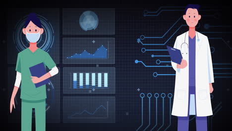 animation of doctors and scientific data processing over blue background
