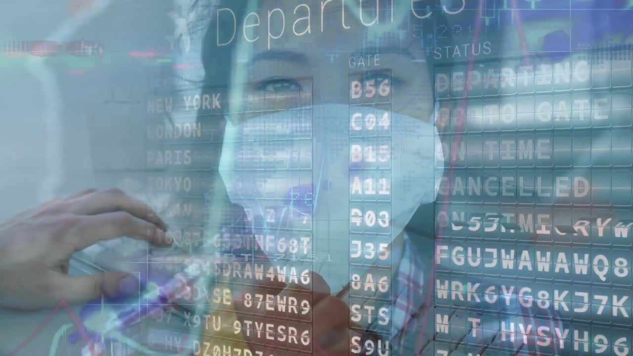 animación de una mujer con una máscara facial sobre un horario del aeropuerto en el fondo.