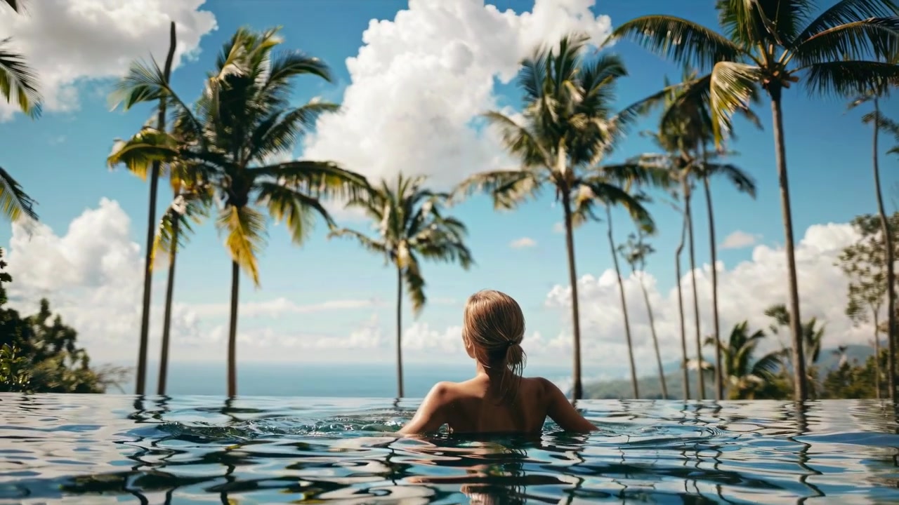 Frau entspannt sich in einem Infinity-Pool mit Blick auf eine tropische Landschaft