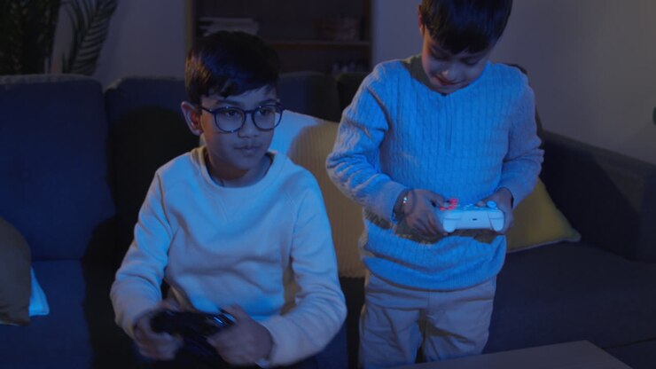 Due giovani ragazzi a casa che litigano per i controller giocando alla console di videogiochi in TV a tarda notte 1