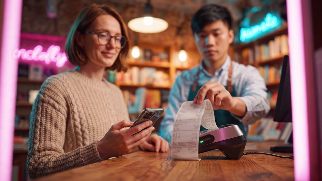 A Cozy Bookstore Scene: A Customer Using a Smartphone to Make a Payment at the Checkout with a Friendly Cashier Assisting at the Register in a Warm Atmosphere
