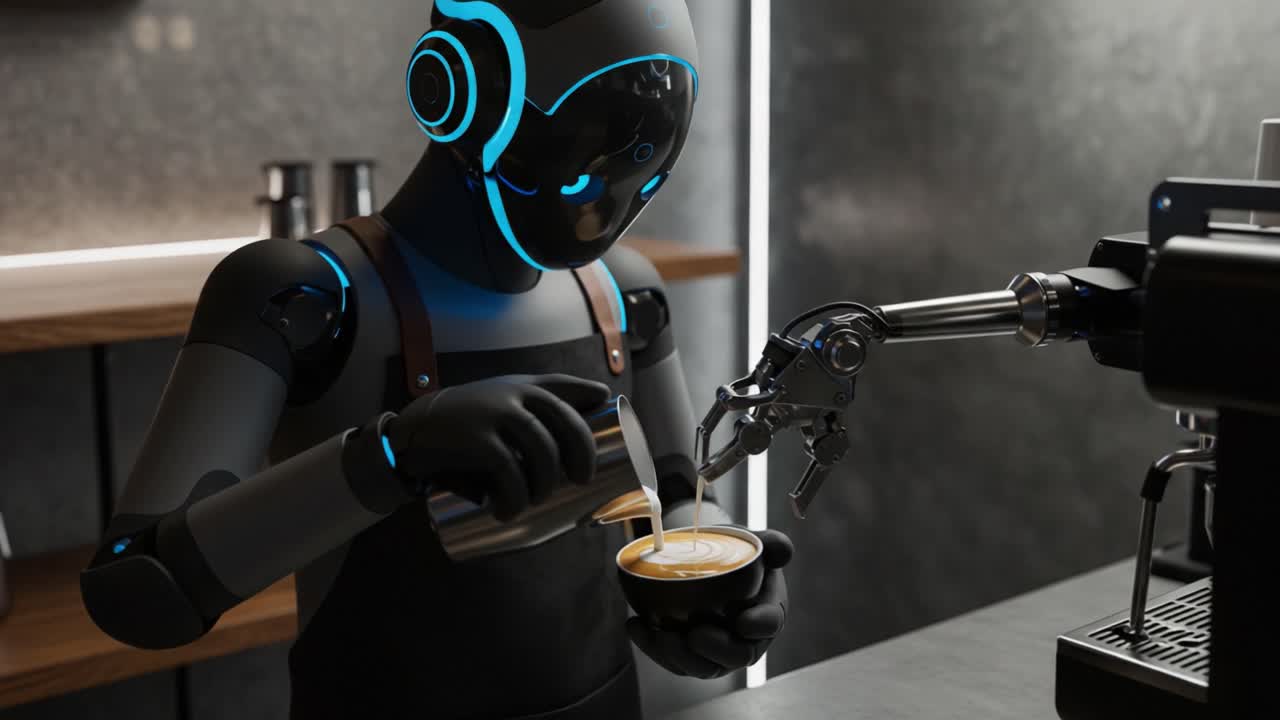 A Futuristic Robot Barista Perfectly Crafting Artisan Coffee with Precision in a Modern Café Setting