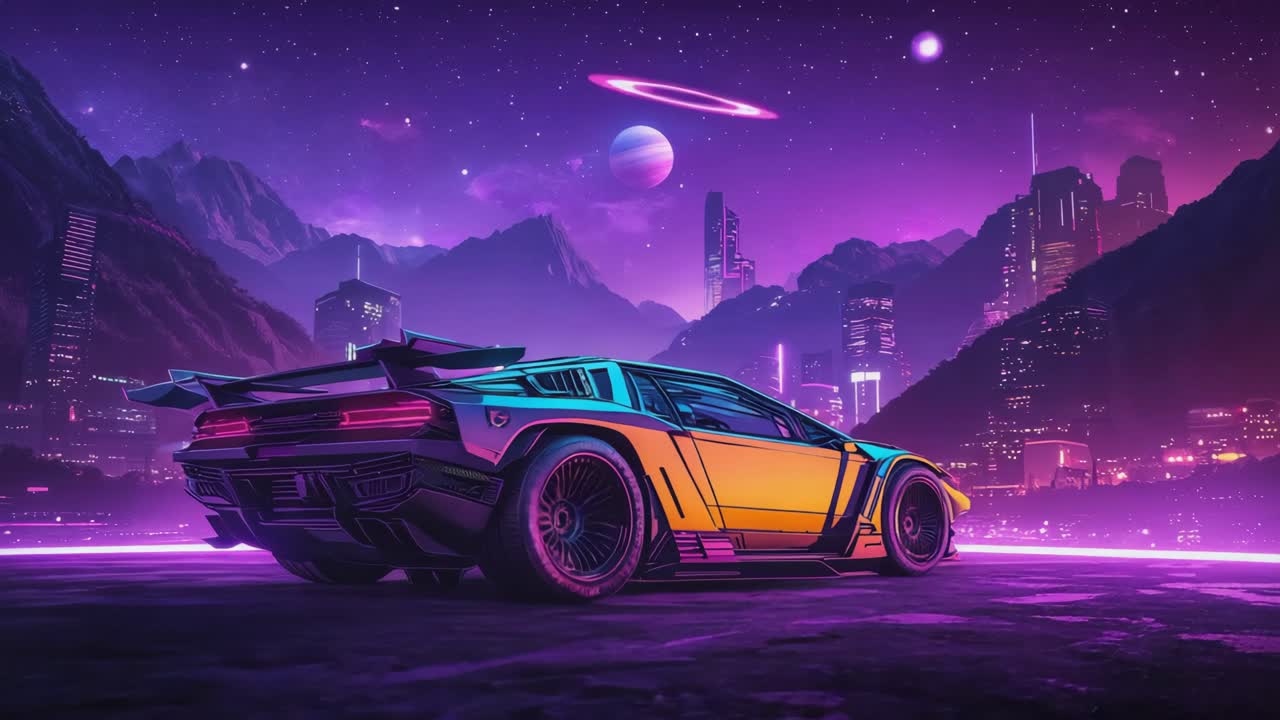 Auto cyberpunk in una città futuristica